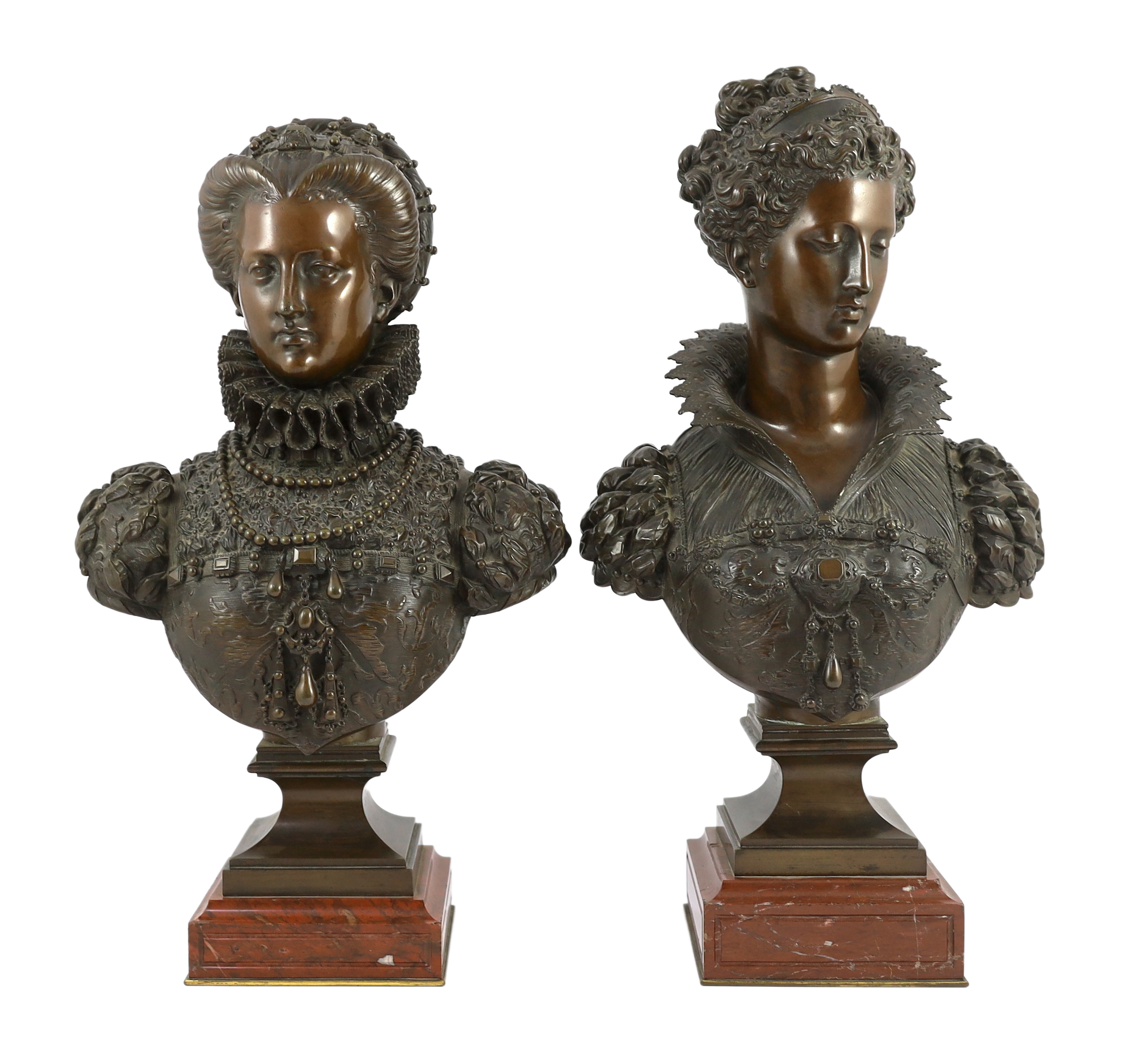 Mathurin Moreau (French, 1822-1912). A pair of bronze busts of Queen Elizabeth I and Marie de Medici, 50cm and 48cm high